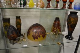 A good collection of Galle style and similar glass lamps and vases.
