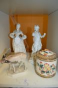 A pair of figurines, model of a deer and a jar and cover (faults).