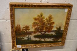 Wooded river landscape, oil on canvas.