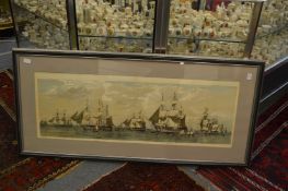 A flotilla of sailing ships and galleons, colour engraving.