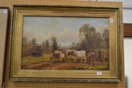 Tippet, rural landscape with cattle on a track, church beyond, oil on canvas, signed and dated 85.