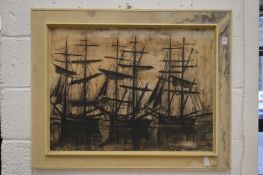 Moored sailing ships, print.