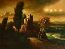 Early 20th Century Continental School, castle ruins in a windswept landscape, oil on panel, signed