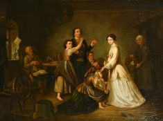 19th Century Continental School, a family gathered in their home, oil on canvas, 20