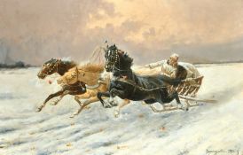 Constantin Baumgartner-Stoiloff (1850-1924), a troika racing through the snow, oil on canvas,