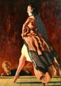 20th Century Continental School, a female dancer on stage with a conductor in the orchestra pit, oil
