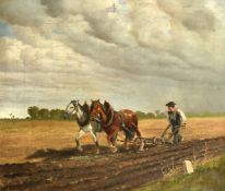 Nikolaus Santho (1869-1932) German, a farmer and a brace of horses ploughing a field, oil on canvas,