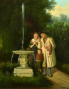 20th Century Continental School, A family group standing on a path by a marble water feature, oil on