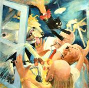 A 20th Century scene of men being attacked by animals, oil on canvas, signed with initials B.R., 24