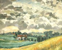 Lodew Bosscke / Louis Vandenbossche (1900-1980) Belgian, buildings in open landscape under