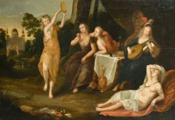 Circle of Jacob Duck, 17th Century, female figures making merry in various stages of undress, oil on