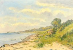 Early 20th Century Continental School, a shoreline landscape with a distant town, oil on canvas,
