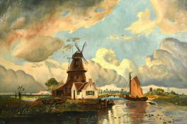 19th Century, a river landscape with a windmill and figures on a barge, oil on canvas, 15.5