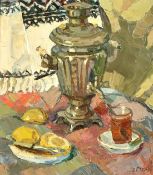 Early 20th Century Impressionist School, A still life of a tea urn, lemons and honey in a jar, oil