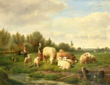 Frans Lebret (1820-1909) Dutch, figures and sheep by a stream with a windmill and church spire