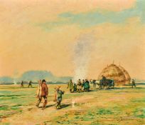 Plinkerbann, (20th Century) A group of men gathering by a fire after collecting the days catch, a