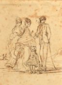 French School 19th Century, Figures conversing on a beach, sepia ink on paper, 4.5