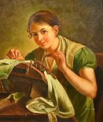 After Vasily Tropinin, 'The Lacemaker', 20th Century, oil on canvas, indistinctly signed, 23.75