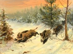 Wilhelm (Willi) Lorenz (1901-1981) German, Wild boar dashing through the snow with the sun setting