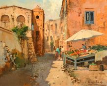 Giuseppe Pesa (1928-1992) Italian, figures by a vegetable stand in an Italian town, oil on canvas,