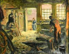 Early 20th Century Continental School, a female figure standing in the doorway of a forge, oil on