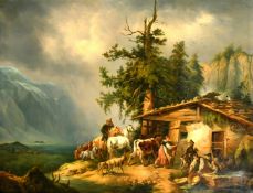 19th Century Continental School, a family gathering their livestock beneath breaking skies, oil on