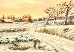 20th Century German School, Hares feeding in a snow-covered landscape on the edge of a village at
