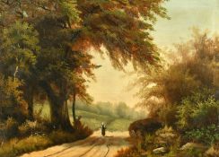 Late 19th Century Continental School, a female wayfarer on a pathway through the woods, oil on