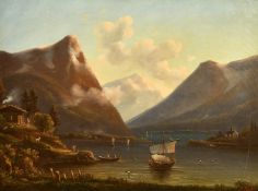 A. Buker (19th Century) A landscape scene with three mountains, boats on the water, figures and