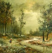 20th Century Continental School, a female figure by a river oil on canvas, indistinctly signed,