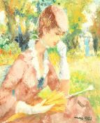 Marguerite Aers (1918-1995) Belgian, Portrait of a young woman seated holding a yellow parasol,