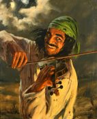 Fritz Muller (1913-1972) German, A Romani fiddler playing by the glow of firelight with the moon