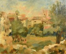 20th Century School, figures in a field before a Southern town, oil on panel, with a native American