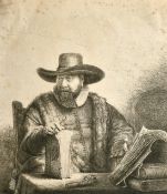 After Rembrandt, Cornelis Claesz seated at a table with books, etching, 7