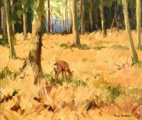 Rudolf Inden (1897-1951) German, a lone deer feeding amongst woodland, oil on canvas, signed, 12.