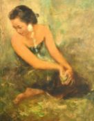 Trubus Soedarsono (1926-1966) Indonesian, A Balinese beauty kneeling, oil on canvas, signed, dated