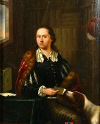 Manner of Gerrit Dou, circa 1800, a gentleman seated reading a note, a hound at his side, oil on oak