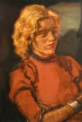20th Century Continental School, a study of a lady in a red jumper, acrylic on board, 22.5