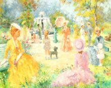 Marguerite Aers (1918-1995) Belgian, Elegant figures, children and a dog gathered in a park near a