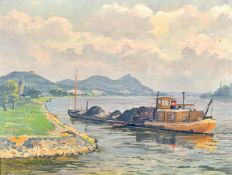 Toni Drinhausen (1915-1981), barges hauling goods on a wide river, oil on board, signed, 11.5