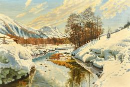 R. Vogel, circa 1940, a river through a snowy winter landscape, oil on canvas, signed, 15.75