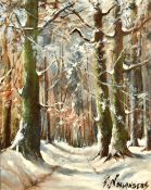 Gaston Noelanders (1910-1987) Austrian, A Winter scene of a snow-covered path through the trees, oil