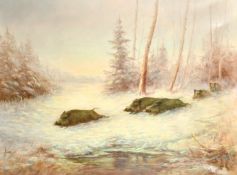 Early 20th Century German School, wild boar racing across a snowy winter landscape, oil on canvas,