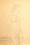 Early 20th Century, a pencil sketch of a female nude leaning on an ionic column, 24