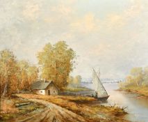 R.P. Walter (20th Century), A river landscape with a dwelling and figures launching a sailing