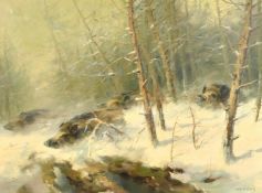 Manfred Schatz (1925-2004) German, wild boar racing through deep snow in a forest, oil on canvas,