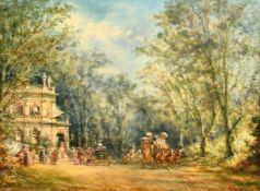 20th Century Continental School, elegant figures gathered outside a country house, oil on board,