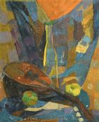 E. Reinhold, A still life with a Mandolin, bottle and fruit, oil on board, signed and dated '53,