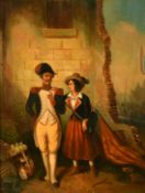 Late 19th Century French School, A military officer standing inside ruins with a young lady away