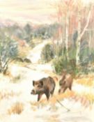 20th Century German School, wild boar in a winter landscape at dusk with a hill view beyond, oil